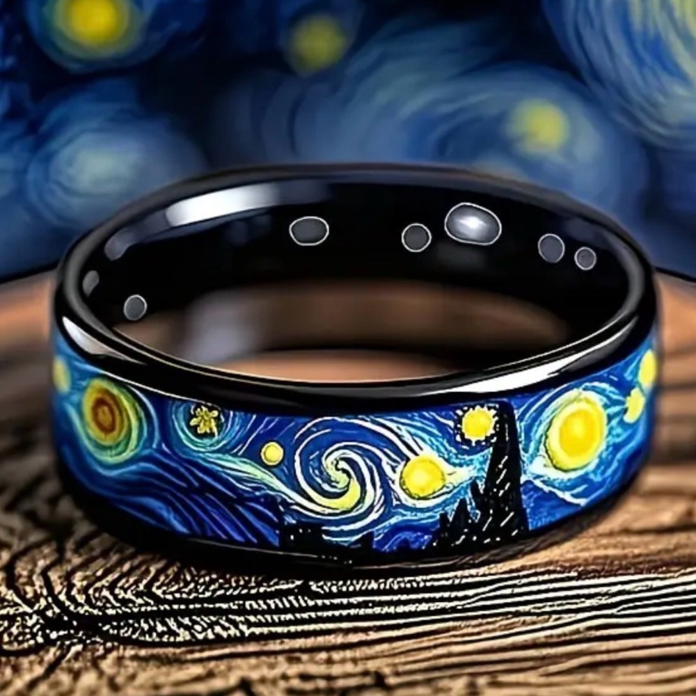Starry Night Inspired Black Stainless Steel Ring Mens or Womens Size 7